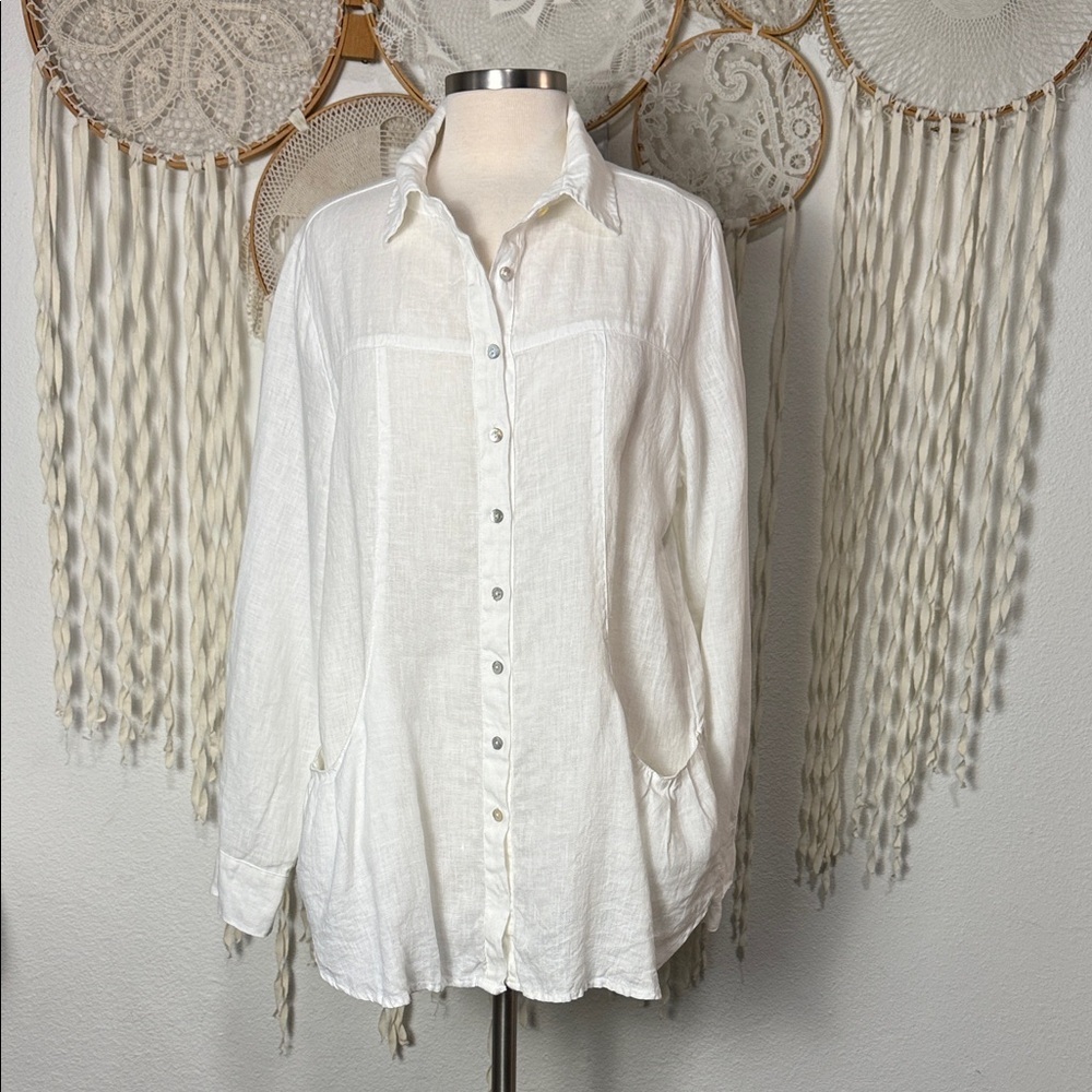 Cutloose White Linen Lagenlook Button Front Long Sleeve Top Size Small